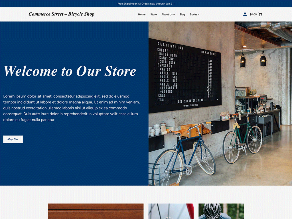 Screenshot of the Commerce Street Bicycle Shop demo site homepage