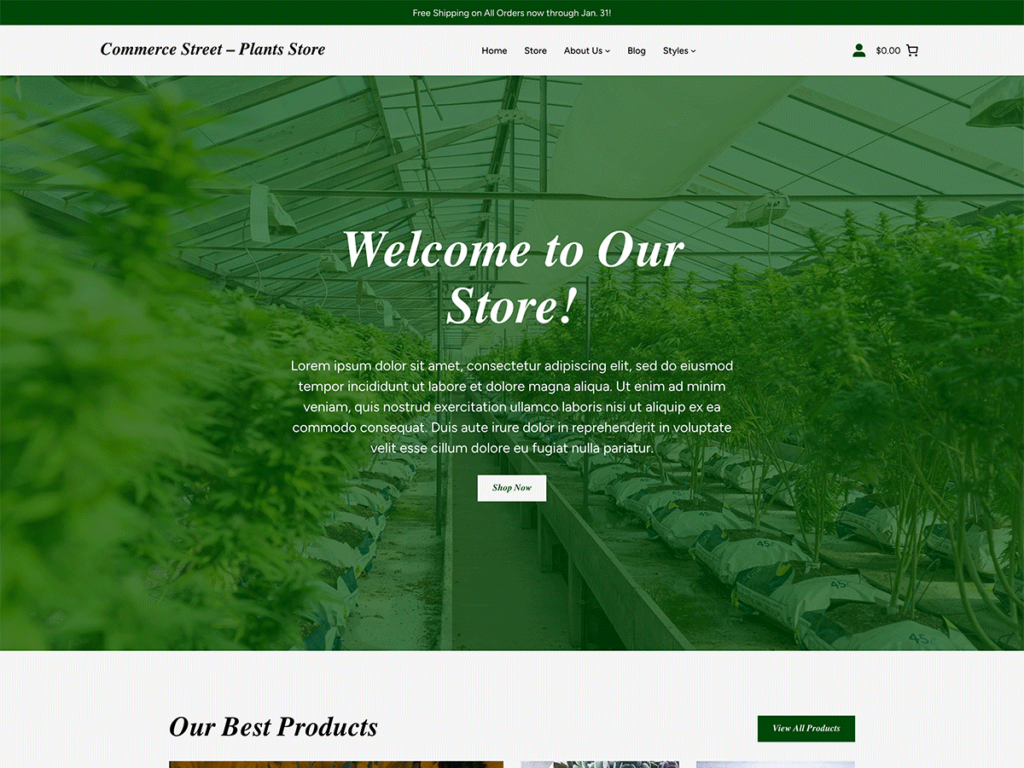 Screenshot of the Commerce Street Plants Shop demo site homepage