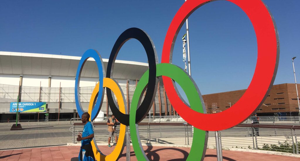 The Olympic rings inside of the Olympic Park in Rio de Janeiro, Brazil