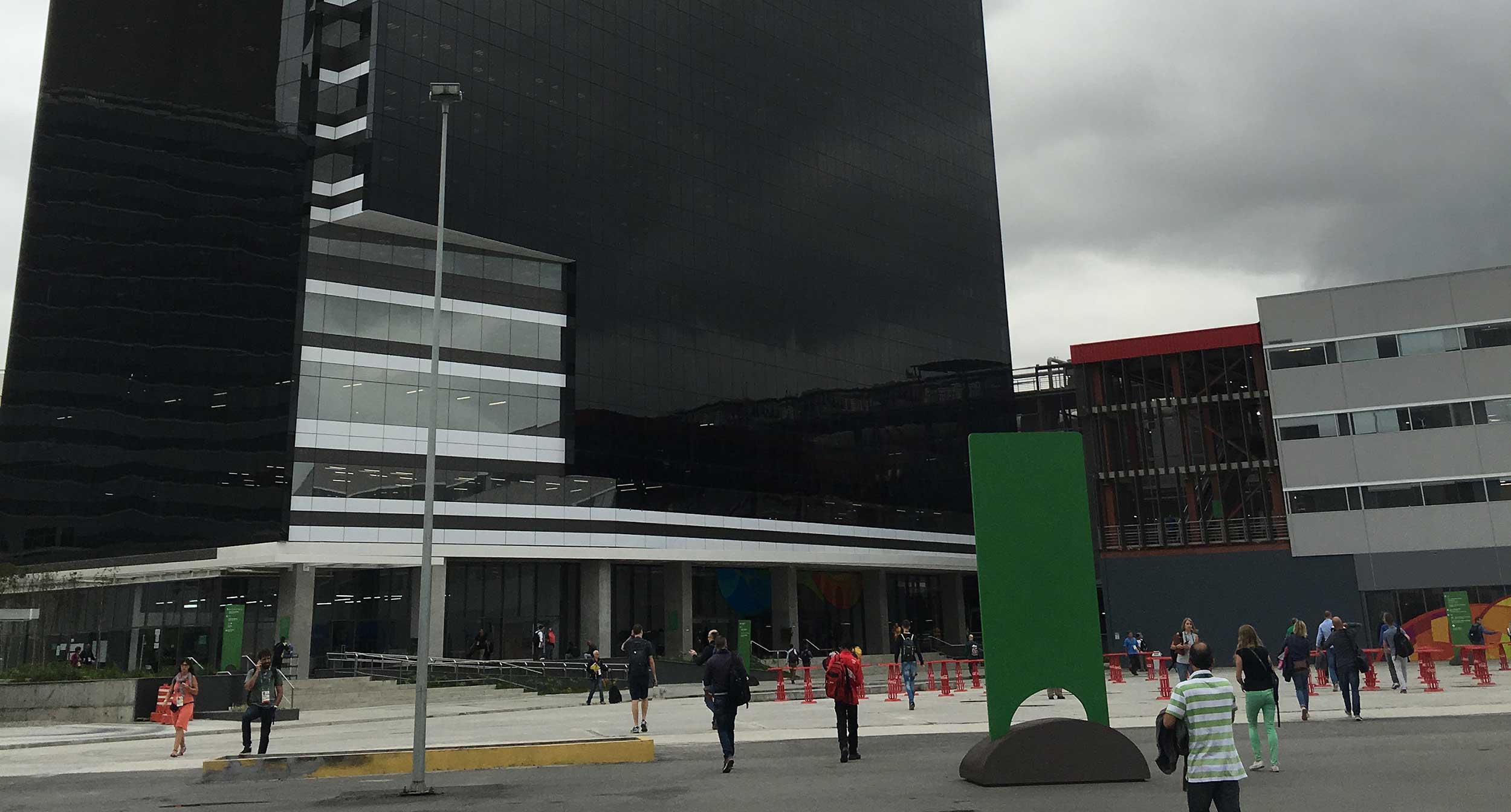 The outside of the media center at the Olympic Park in Rio de Janeiro