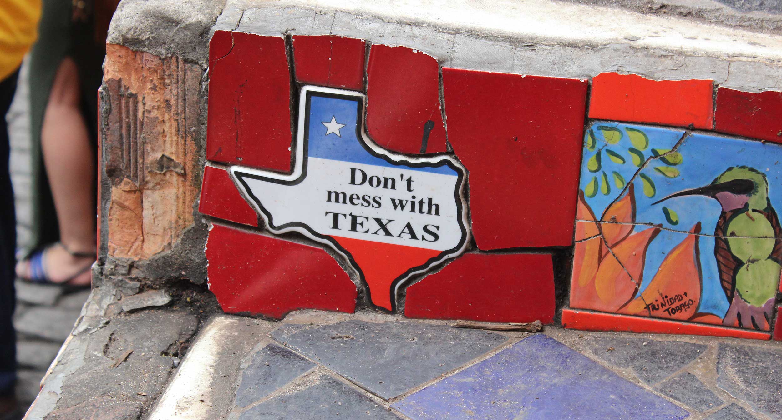 A Texas-shaped Don't Mess With Texas tile on the Escadaria Selarón in Rio de Janeiro, Brazil