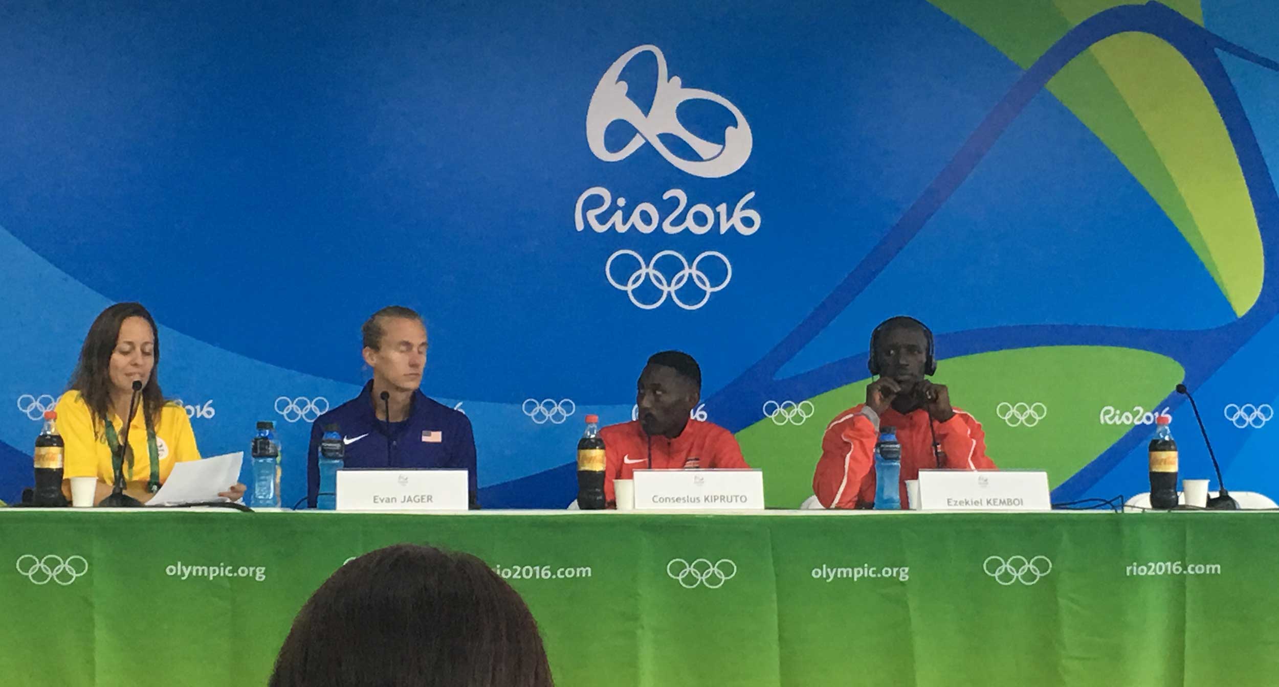 The medalists for the men's 3500 meter steeplechase in a press conference