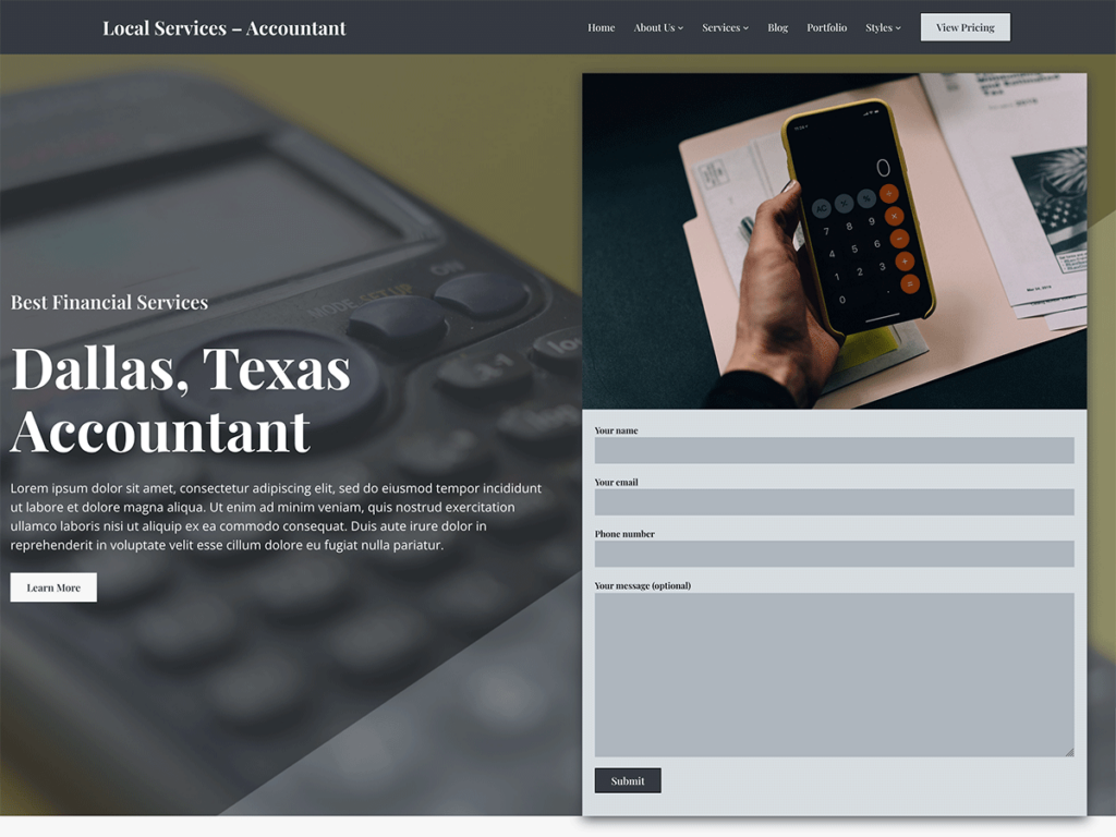 Screenshot of the Accountant version of the Local Services theme