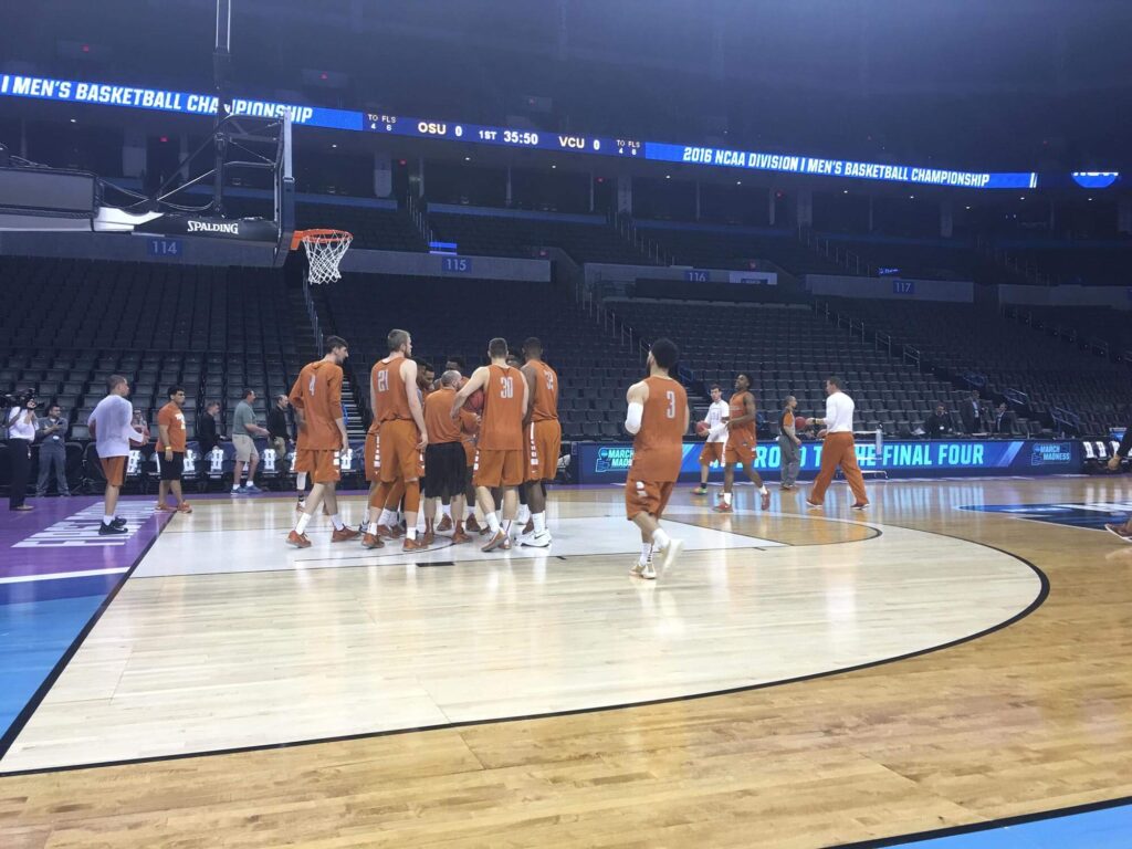 Texas players practicing before the NCAA tournament at Chesapeake Energy Arena in Oklahoma City