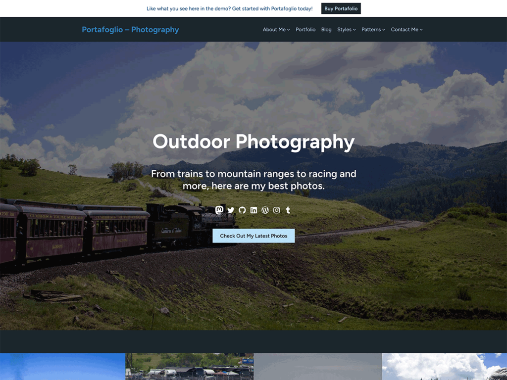 Screenshot of the Portafoglio Photography site demo homepage