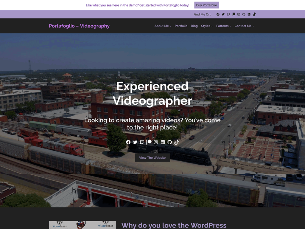 Screenshot of the Portafoglio Videography site demo homepage