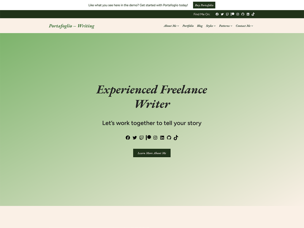 Screenshot of the Portafoglio Writing site demo homepage